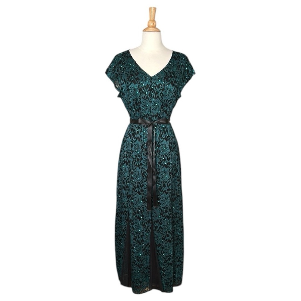 CANDALITE Petite Emerald Green Lace Maxi Dress‎ Sequin Mesh Formal Evening Gown